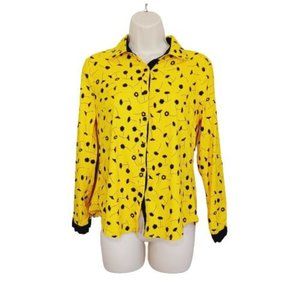 La Reyna Women's Shirt Long Sleve Floral Print Button-up Size M Yellow-Black Col